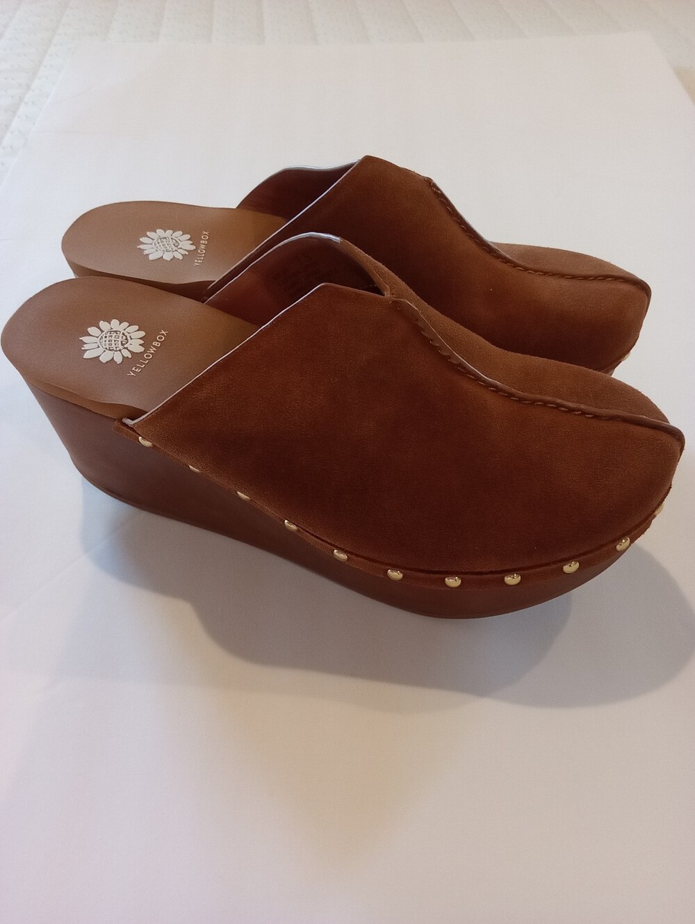Yellow Box Chestnut Suede Studded Platform Clogs Sz 7.5 New
